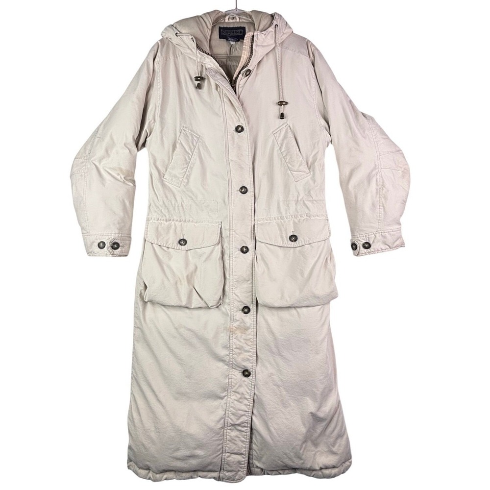Lands' End women's long down puffer coat, cream/beige, size M (10–12)